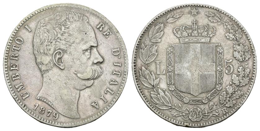 672   -  MONEDAS EXTRANJERAS. ITALIA. Humberto I. 5 liras. 1879. R. AR 24,71 g. 36,8 mm. KM-20. MBC/MBC-.