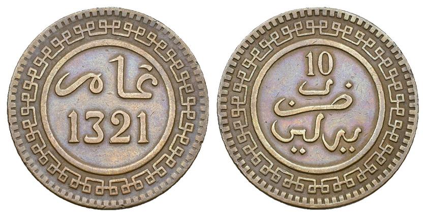 676   -  MONEDAS EXTRANJERAS. MARRUECOS. Abd al-Aziz. 10 mazunas. 1321 H. AE 9,93 g. 30 mm. K-17.3. MBC+.