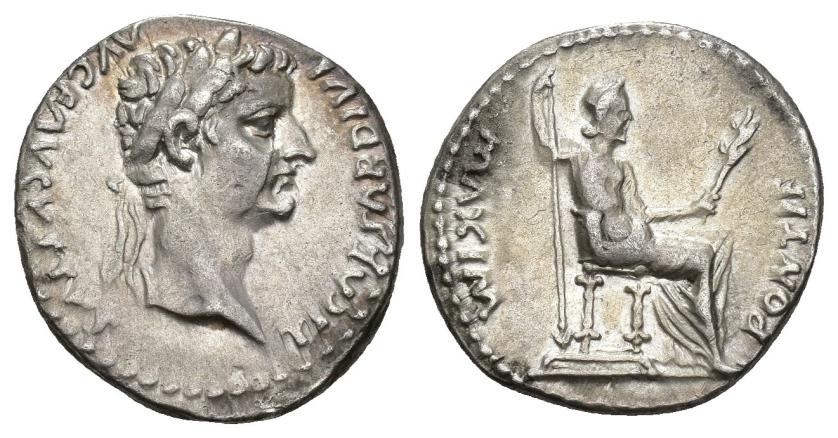 101   -  IMPERIO ROMANO. TIBERIO. Denario. Lugdunum (36-37 d.C.). A/ Busto laureado a der. R/ Livia sentada a der. en silla con patas ornamentadas y sobre línea; PONTIF MAXIM. AR 3,76 g. 17,8 mm. RIC-30. EBC-/MBC+.