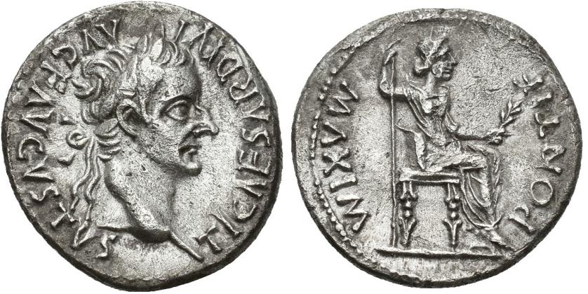 102   -  IMPERIO ROMANO. TIBERIO. Denario. Lugdunum (36-37 d.C.). A/ Busto laureado a der. R/ Livia sentada a der. en silla con patas ornamentadas y sobre línea; PONTIF MAXIM. AR 3,66 g. 17,9 mm. RIC-30. Porosidades. MBC+.