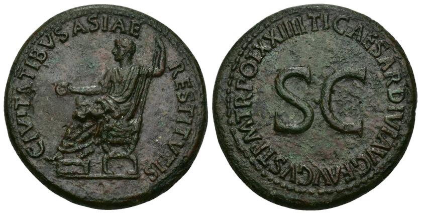 105   -  IMPERIO ROMANO. TIBERIO. Sestercio. Roma (22-23 d.C.). A/ Emperador togado con pátera y cetro sentado en silla curul a izq.; CIVITATIBVS ASIAE RESTITVTIS. R/ S C, alrededor TI CAESAR DIVI AVG F AVGVST P M TR POT XXIIII. AE 24,47 g. 35,1 mm. RIC-48. Campos repasados. Pátina roja con tonos verdes. MBC+. Rara. Ex subasta Jesús Vico, 25-2-1982.