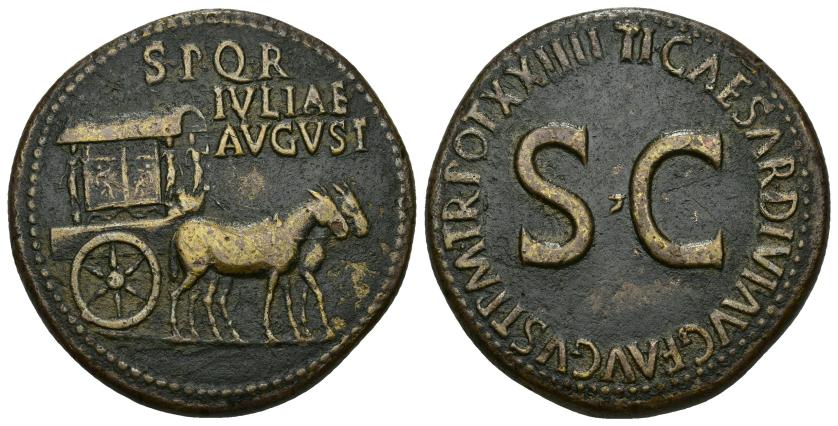 109   -  IMPERIO ROMANO. LIVIA (bajo Tiberio). Sestercio. Roma (22-23 d.C.). A/ Carpentum decorado tirado por dos mulas a der.; SPQR/IVLIAE/AVGVST. R/ S C, alrededor TI CAESAR DIVI AVG F AVGVST P M TR POT XXIII. AE 28,07 g. 34,9 mm. RIC-51. Pátina oscura. MBC+. Muy escasa.