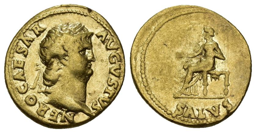 126   -  IMPERIO ROMANO. NERÓN. Áureo. Roma (65-66 d.C.). A/ Cabeza laureada a der.; NERO CAESAR AVGVSTVS. R/Salus entronizada a izq. con pátera; SALVS. AU 7,22 g. 19,3 mm. RIC-59. MBC-. 