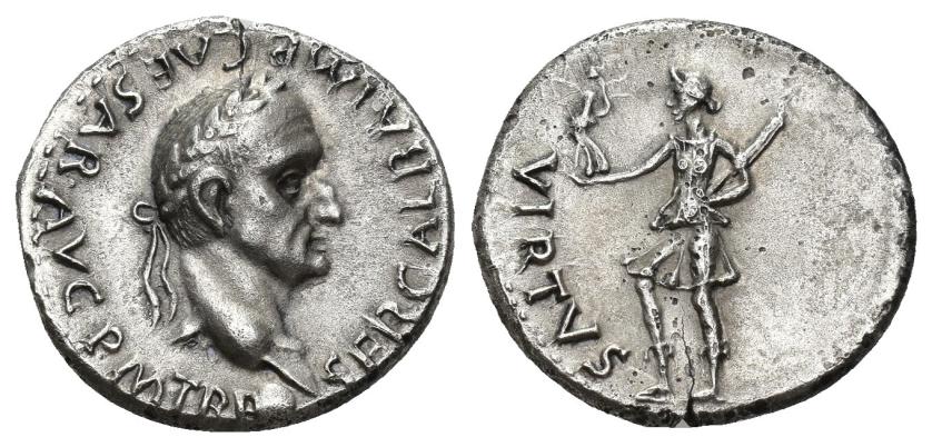 142   -  IMPERIO ROMANO. GALBA. Denario. Tarraco (68-69 d.C.). A/ Cabeza laureada a der.; SER GALBA IMP CAESAR AVG P M TR P. R/ Virtus a izq. con Victoria y parazaonium; VIRTVS. AE 3,35 g. 18,2 mm. RIC-64. ACIP-4200. Cospel abierto. MBC+. Rara.