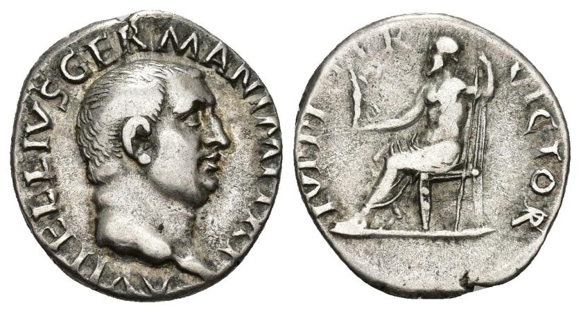 144   -  IMPERIO ROMANO. VITELIO. Denario. Roma (69 d.C.). A/ Cabeza a der.; A VITELLIVS GERMAN IMP TR P. R/ Júpiter sentado a izq. con Victoria y cetro; IVPPITTER VICTOR. AR 3,37 g. 18,5 mm. RIC-75. MBC/MBC-. Ex Heritage