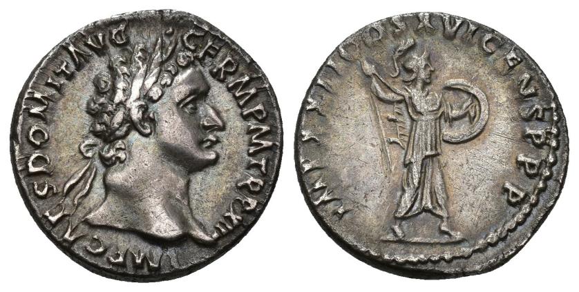 154   -  IMPERIO ROMANO. DOMICIANO. Denario. Roma (92-93 d.C.). A/ Cabeza laureada a der.; IMP CAES DOMIT AVG GERM P M TR P XIII. R/ Minerva avanzando a der. con lanza y escudo; IMP XXII COS XVI CENS P P. AR 3,21 g. 17,8 mm. RIC-761. MBC+/EBC-.