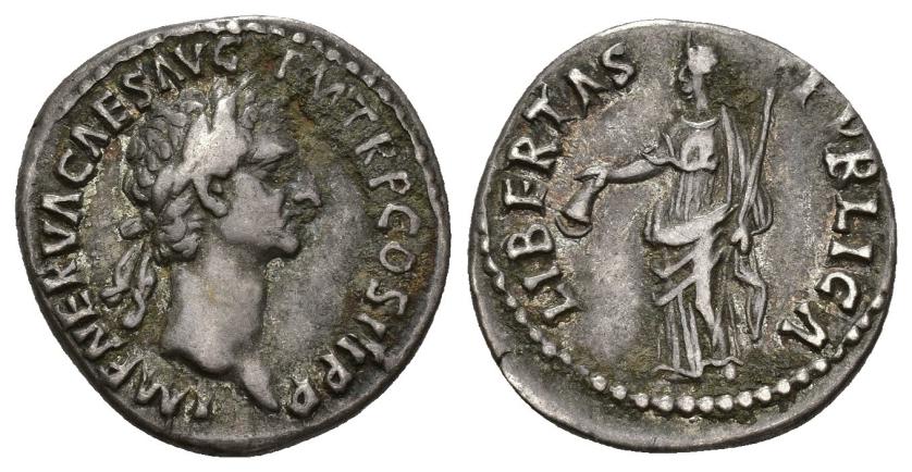 156   -  IMPERIO ROMANO. NERVA. Denario. Roma (96 d.C.). A/ Cabeza laureada a der.; IMP NERVA CAES AVG P M TR P  COS II P P. R/ Libertas a izq. con pileus y cetro; LIBERTAS PVBLICA. AR 3,49 g. 18,4 mm. RIC-7. Concreciones. MBC. Ex colección Cerdá, 1919. Conserva sobre original.