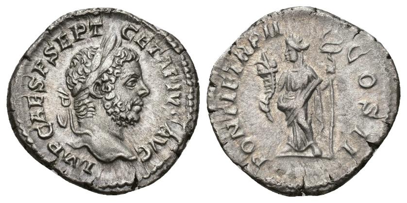 183   -  IMPERIO ROMANO. GETA. Denario. Roma (210). R/ Felicitas a izq. con caduceo y cornucopia; PONTIF TR P II COS II. AR 2,85 g. 18,5 mm. RIC-69A. MBC+.