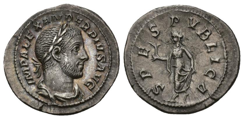 187   -  IMPERIO ROMANO. ALEJANDRO SEVERO. Denario. Roma (231-235). R/ Spes a izq. con flor y levantándose el vestido; SPES PVBLICA. AR 3,05 g. 19,6 mm. RIC-254d. EBC-/MBC+.