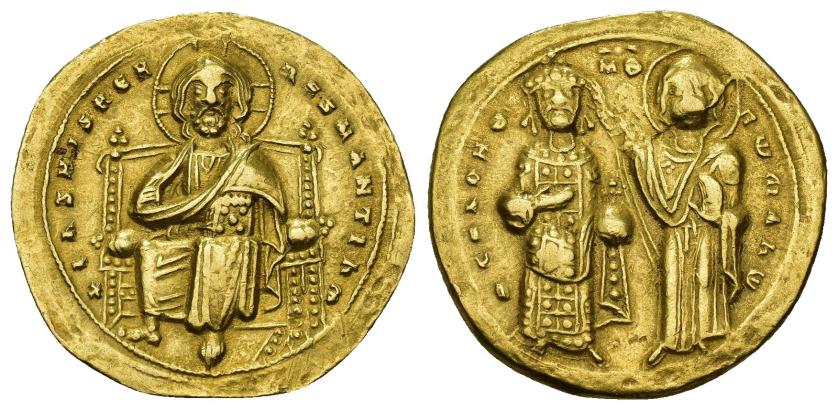 194   -  IMPERIO BIZANTINO. ROMANO III ARGIRO (1028-1034). Histamenon nomisma. Constantinopla. A/ Cristo entronizado. R/ La Virgen coronando al emperador. AU 4,37 g. 23,6 mm. SBB-1819. Rebaba por rotura de cuño. MBC+.