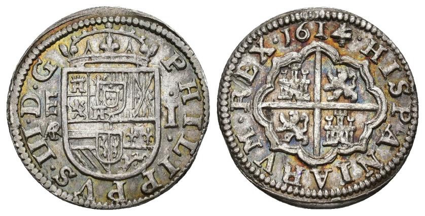 237   -  FELIPE III. Real. 1614/6. Segovia. Monograma AR/C, encima fecha. Ensayador y fecha rectificados. AR 3,60 g. 20,1 mm. AC 519 vte. Rayitas en rev. EBC/EBC-.