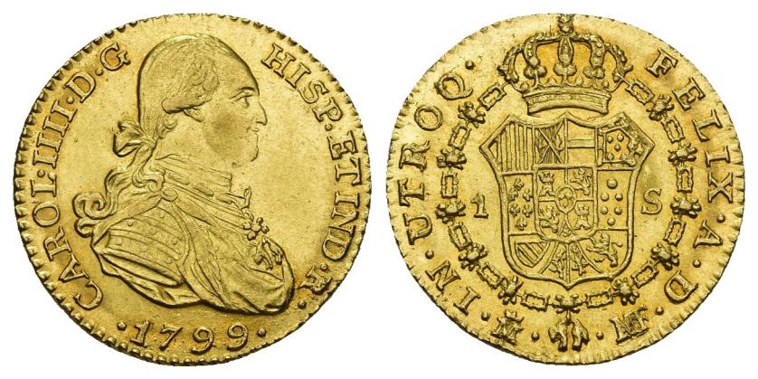 270   -  CARLOS IV. Escudo. 1799. Madrid. MF. AU 3,35 g. 17,6 mm. VI-913. SC.