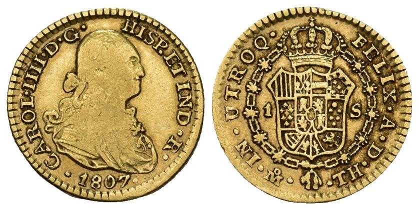 271   -  CARLOS IV. Escudo. 1807. México. TH. AU 3,36 g. 18,4 mm. VI-935. MBC-/MBC. Escasa.