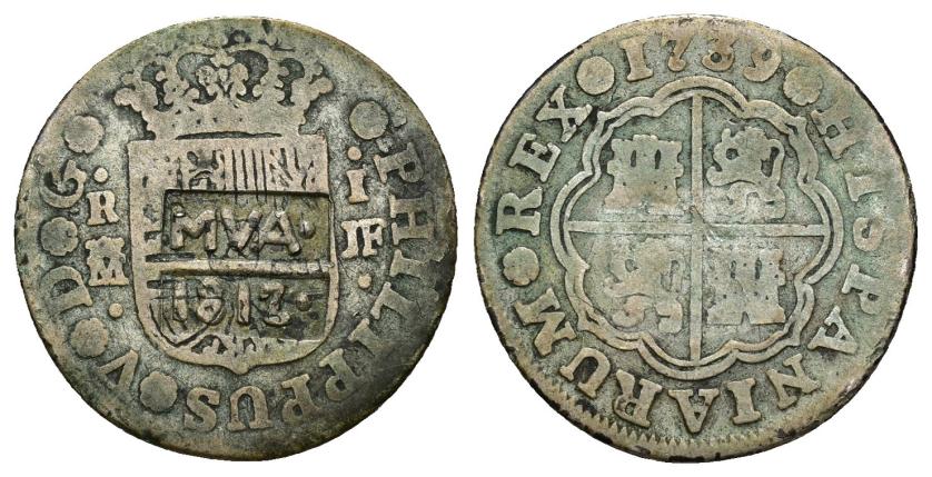 283   -  FERNANDO VII. Resello MVA/1812 dentro de cuadrado en dos líneas. Monclova sobre 1 real 1739 Madrid JF. AR 2,61 g. 20 mm. KM-no. El resello MBC.