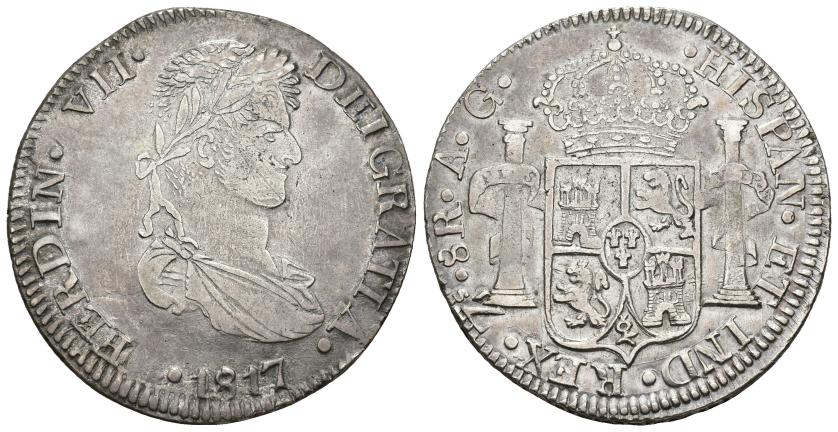 289   -  FERNANDO VII. 8 reales. 1817. Zacatecas. AG. AR 25,78 g. 40,3 mm. VI-1204. Fina raya en anv. MBC+ para esta serie. Ex subasta Áureo 12 (1990), lote 1033.