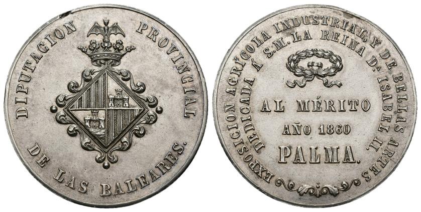 291   -  ISABEL II. Medalla al Mérito. 1860. Palma. Exposición Agrícola, Industrial y de Bellas Artes. Diputación provincial de las Islas Baleares. AR 27 g. 35 mm. Golpecito y pequeña hoja en gráfilas. SC.