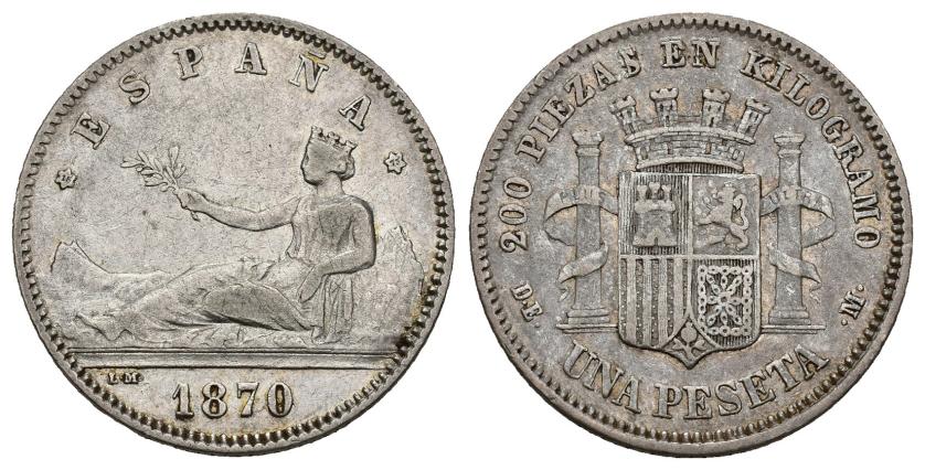 306   -  GOBIERNO PROVISIONAL. 1 peseta. 1870 *18-73. Madrid. DEM. AR 5,00 g. 23 mm. VII-15. MBC/MBC-.