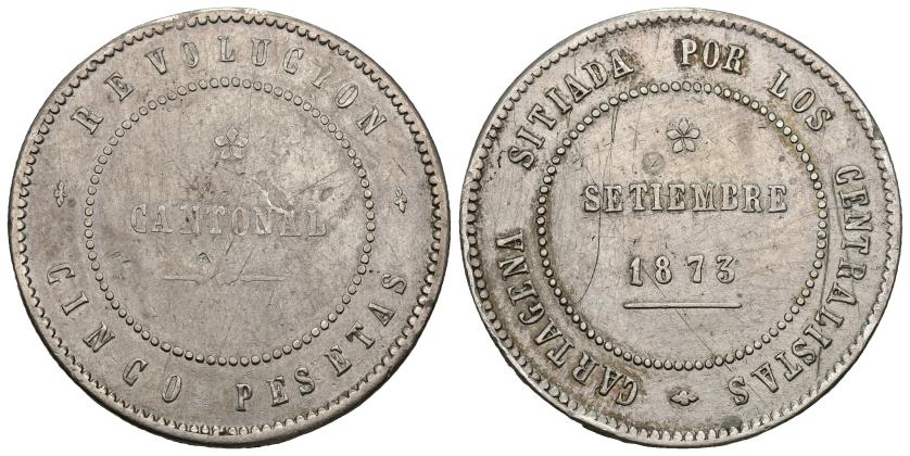 316   -  REVOLUCIÓN CANTONAL. 5 pesetas. 1873. Cartagena. Rev. no coincidente sobre eje horizontal. AR 29,91 g. 37,2 mm. VII-30. Rayas y golpecitos en anv. y rev. MBC-/MBC.