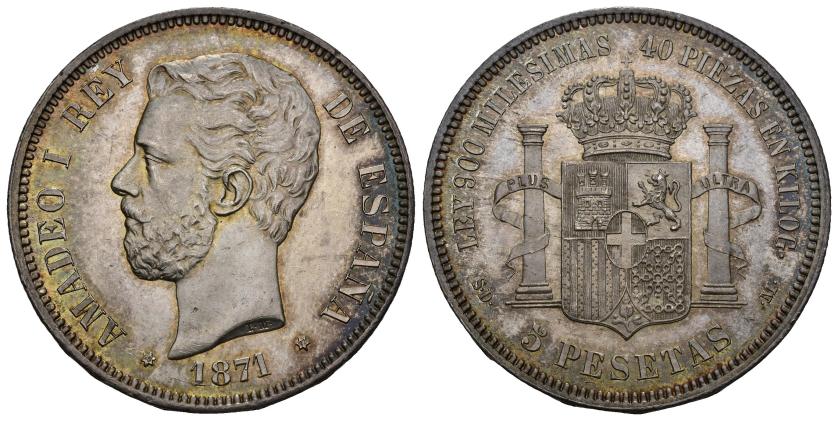 317   -  AMADEO I. 5 pesetas. 1871 *18-71. Madrid. SDM. AR 25,01 g. 37,4 mm. VII-32. Ligera pátina. B.O. Ex colección Rodríguez Lorente. SC.