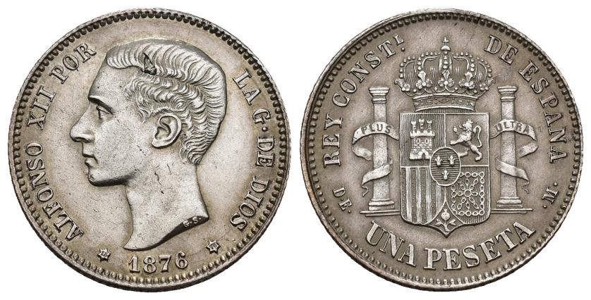 328   -  ALFONSO XII. 1 peseta. 1876 *18-76. Madrid. DEM. AR 4,84 g. 23 mm. VII-57. Hojita en anv. Limpiada. EBC-.