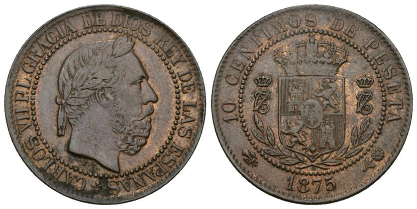 363   -  CARLOS VII PRETENDIENTE. 10 céntimos. 1875. Bruselas. Rev. girado 180º sobre eje horizontal. Cu 9,98 g. 30,2 mm. VII-117.1. R.B.O. MBC+.