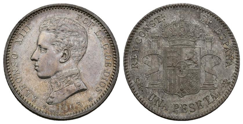 377   -  ALFONSO XIII. 1 peseta. 1903 *19-03. Madrid. SMV. AR 4,91 g. 23 mm. VII-159. Pequeñas marcas. B.O. SC.