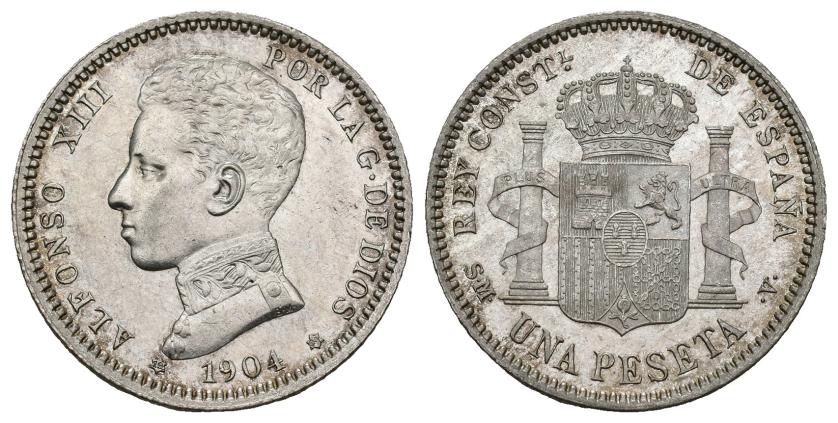 378   -  ALFONSO XIII. 1 peseta. 1904 *19-04. Madrid. SMV. AR 4,98 g. 23 mm. VII-160. B.O. EBC+.