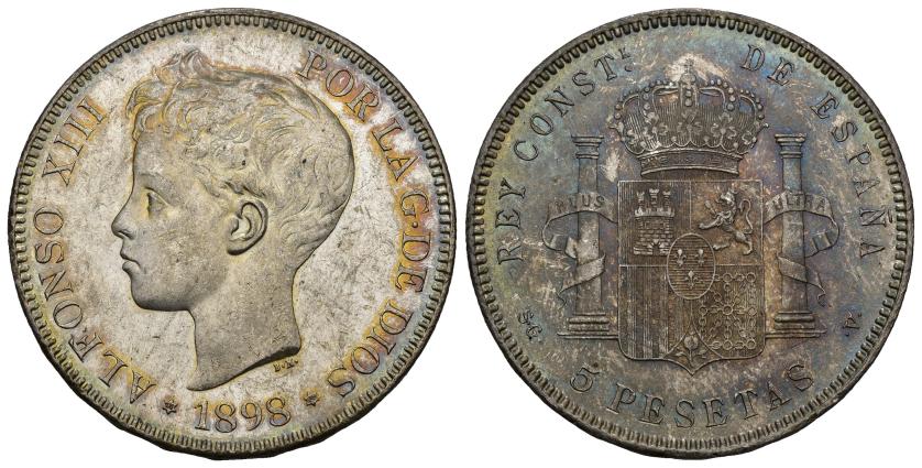 397   -  ALFONSO XIII. 5 pesetas. 1898 *18-98. Madrid. SGV. AR 24,74 g. 37,2 mm. VII-190. Ligera pátina. B.O. EBC+.