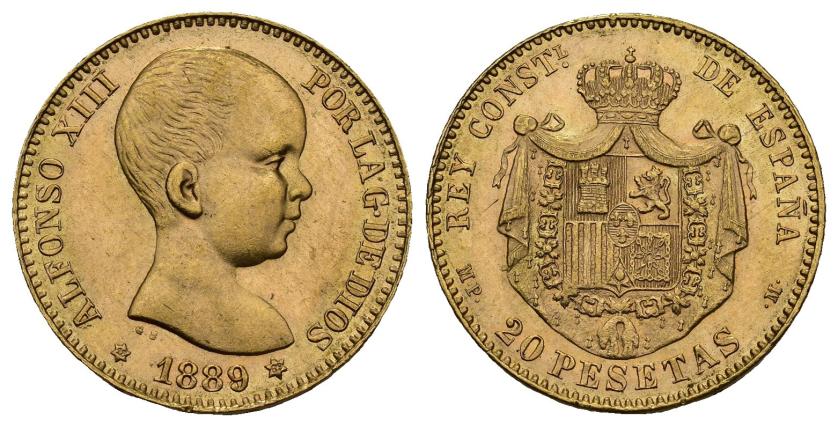 401   -  ALFONSO XIII. 20 pts. 1889 *18-89. Madrid. MPM. AU 6,44 g. 20,9 mm. VII-194. B.O. SC.