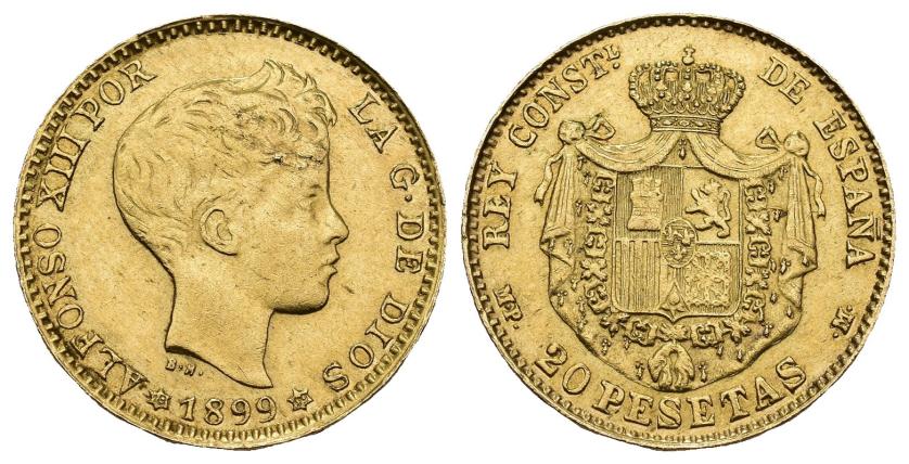 403   -  ALFONSO XIII. 20 pts. 1899. MPM. AU 6,48 g. 21,1 mm. Falsa de época en oro. MBC+.