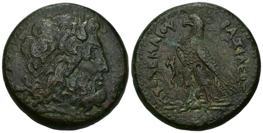 66   -  GRECIA ANTIGUA. EGIPTO. Ptolomeo III. AE-42. A/ Cabeza de Zeus-Amón a der. R/ Águila sobre haz de rayos a der., delante cornucopia, entre las patas monograma XP. AE 62,49 g. 41,4 mm. SBG-7814. Concreciones. MBC/MBC+.