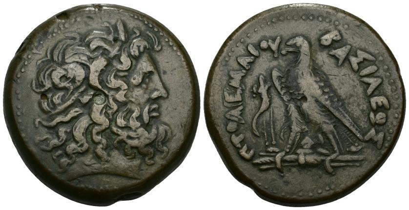 69   -  GRECIA ANTIGUA. EGIPTO. Ptolomeo IV. AE-42. A/ Cabeza de Zeus-Amón a der. R/ Águila sobre haz de rayos a der., delante cornucopia, entre las patas DI. AE 72,28 g. 43,1 mm. SBG-7841. Pequeñas burbujas de cospel en anv. MBC. Ex subasta Tarkis, 21-1-1988.