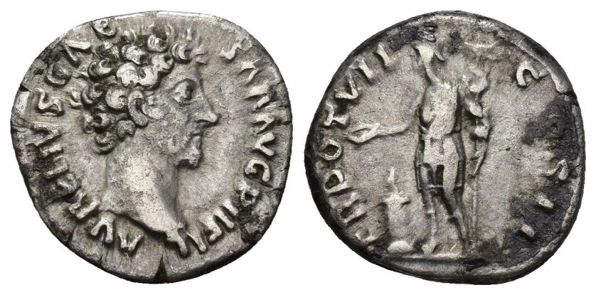 363   -  IMPERIO ROMANO. MARCO AURELIO (bajo Antonino Pío). A/ Cabeza a der.; AVRELIVS CAESAR AVG PII FIL. R/ Genius Exercitus a izq. con aquila ofrendando en altar; TR POT VII COS II. AR 3,21 g. 17,3 mm. RIC-4651. Oxidaciones. MBC-/BC+.