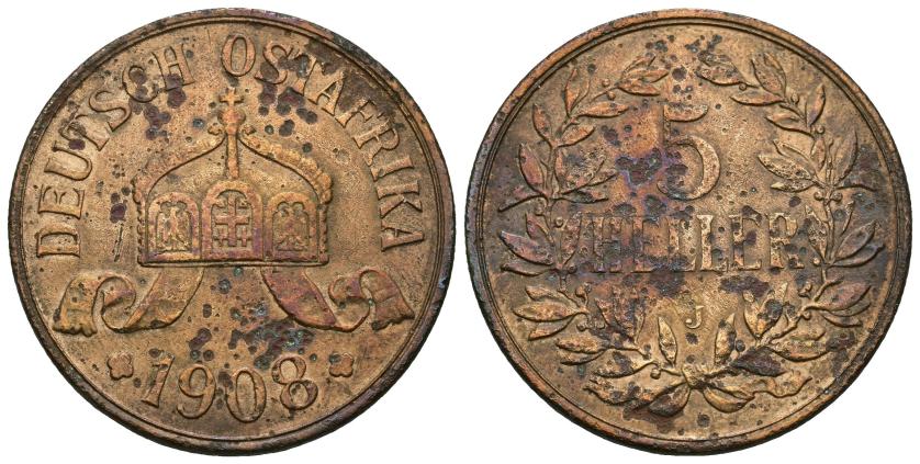 596   -  MONEDAS EXTRANJERAS. ÁFRICA ALEMANA DEL ESTE. 5 Heller. 1908 J. Cu 19,45 g. 37,2 mm. KM-11. Erosiones. MBC+.