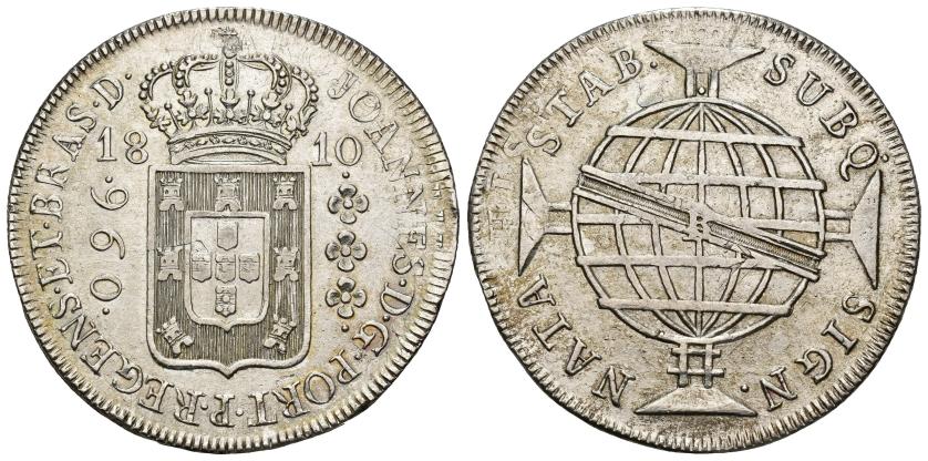 608   -  MONEDAS EXTRANJERAS. BRASIL. 960 reis. 1810-R. AR 26,84 g. 42,4 mm. KM-307.3. Pequeñas marcas. EBC-. 