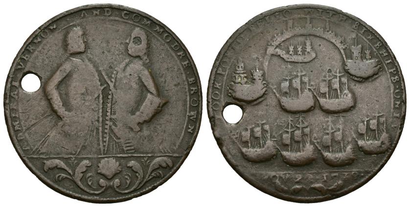 641   -  MONEDAS EXTRANJERAS. GRAN BRETAÑA. Medalla del almirante Vernon. Toma de Portobello, 1739. Vernon y el comodoro Brown. AE 9,24 g. 37,5 mm. Agujero. BC+/MBC-.