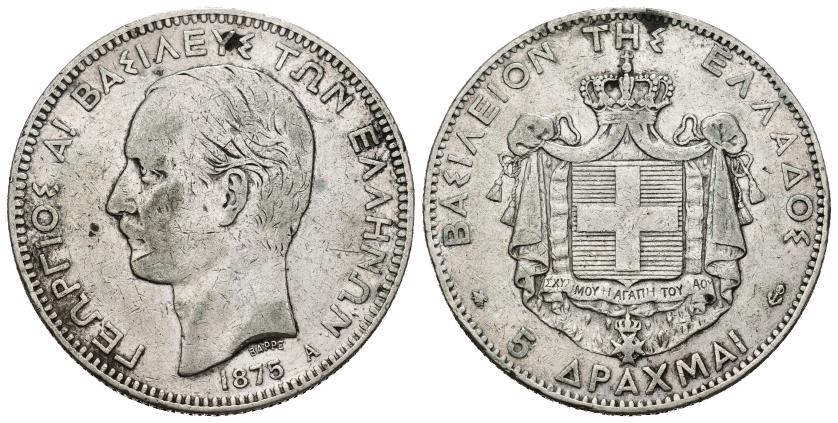 645   -  MONEDAS EXTRANJERAS. GRECIA. 5 dracmas. 1875 A. AR 24,86 g. 37,2 mm. KM-46. Manchitas de óxido. MBC.