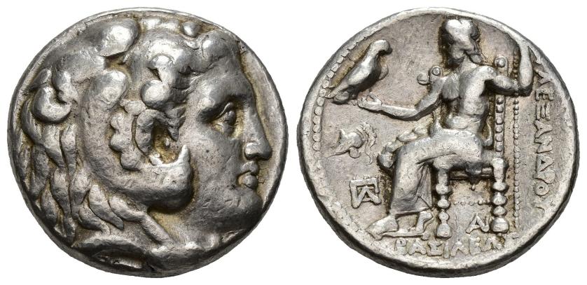 102   -  GRECIA ANTIGUA. MACEDONIA. Alejandro III. Tetradracma. Seleucia del Tigris (c. 305-295 a.C.). R/ Delante del trono casco ático a izq. y monograma, debajo del trono monograma AI. AR 17.03 g. 25,2 mm. PRC-3781. MBC/MBC-.