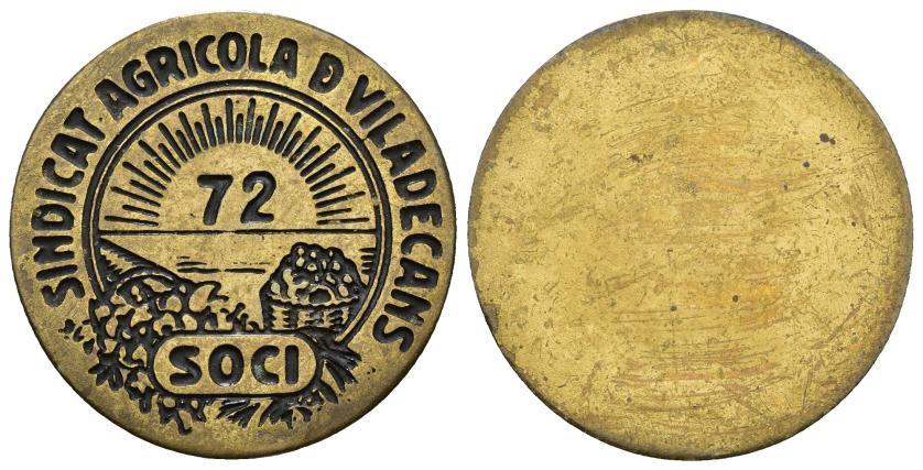 3300   -  II REPÚBLICA. Ficha. Sindicat agrícola de Villadecans. Soci. 72. 3,6 g. 30 mm. MBC.