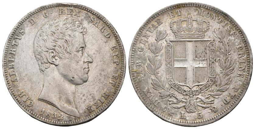 3332   -  MONEDAS EXTRANJERAS. ESTADOS ITALIANOS. Cerdeña. 5 liras. 1832. Marca ancla. AR 24,82 g. 37 mm. C-113.3. Contramarcada en anv. MBC+.