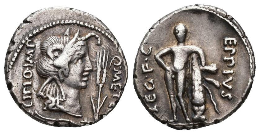 118   -  REPÚBLICA ROMANA. CAECILIA. Q. Caecilius Metellus. Denario. África (47-46 a.C.). A/ Cabeza de África a der., delante espiga; Q MET(ELL)/ (S)CIPIO IMP. R/ Hércules apoyado en su clava; EPPIVS LEG F C. AR 3,90 g. 19,2 mm. CRAW-461.1. FFC-216. MBC/MBC-.