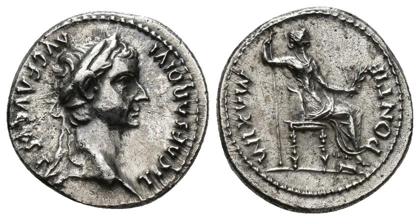 128   -  IMPERIO ROMANO. TIBERIO. Denario. Lugdunum (36-37 d.C.). A/ Cabeza laureada a der. R/ Livia sentada a der. en silla con patas ornamentadas y sobre línea; PONTIF MAXIM. AR 3,73 g. 18,5 mm. RIC-30. Limpiada. MBC+.