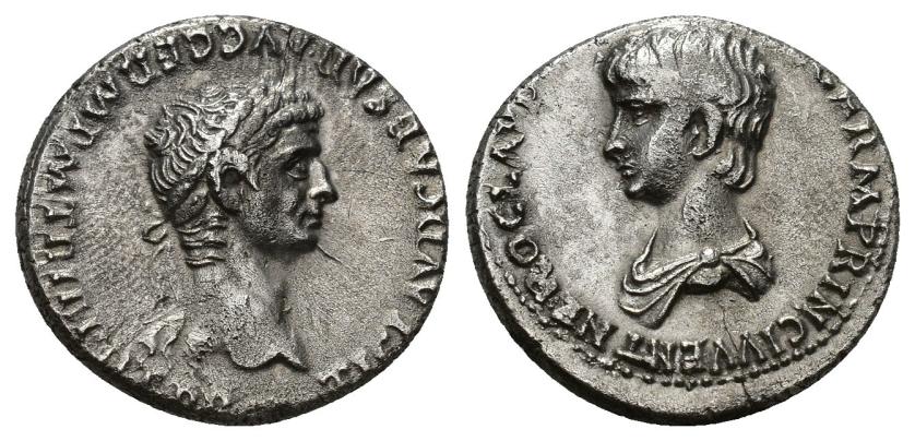 131   -  IMPERIO ROMANO. CLAUDIO I. Denario. Roma (50-54 d.C.). A/ Cabeza laureada a der.; TI CLAVD CAESAR AVG GERM P M TRIB POT P P. R/ Busto juvenil de Nerón drapeado a izq.; NERO CLAVD (CAES DRVSVS) GERM PRINC IVVENT. AR 3,34 g. 17,8 mm. RIC-83. Rev. ligeramente descentrado. Fina grieta. EBC-. Rara.