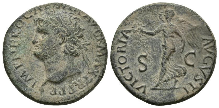 134   -  IMPERIO ROMANO. NERÓN. Dupondio. Lugdunum (67 d.C.). A/ Cabeza laureada a izq.; IMP NERO CAESAR AVG P MAX TR P P P. R/ Victoria avanzando a izq. con corona y palma; VICTORIA AVGVSTI, S-C. AE 12,86 g. 27,5 mm. RIC-602. Pátina verde oscuro. MBC/MBC+.