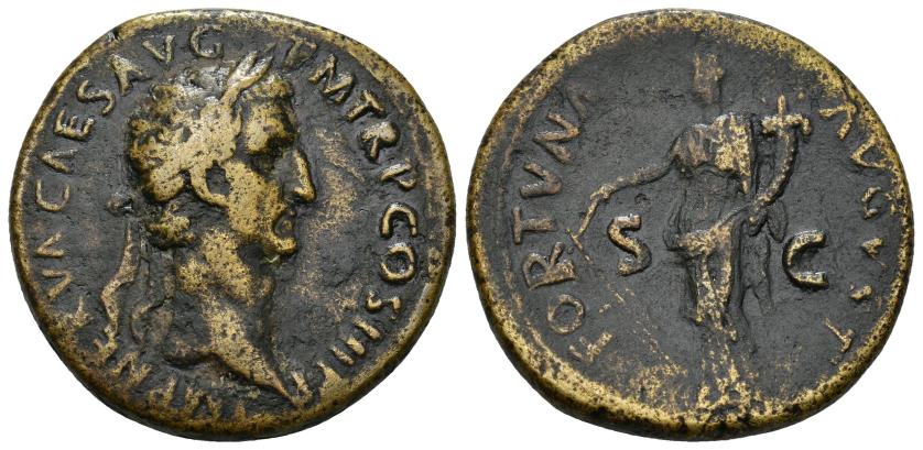 137   -  IMPERIO ROMANO. NERVA. Sestercio. Roma (97 d.C.). A/ Cabeza laureada a der.; IMP NERVA CAES AVG P M TR P COS III P P. R/ Fortuna con timón y cornucopia a izq.; FORTVNA AVGVSTA, S-C. AE 22,82 g. 33,5 mm. RIC-83. MBC-/BC+. Escasa.