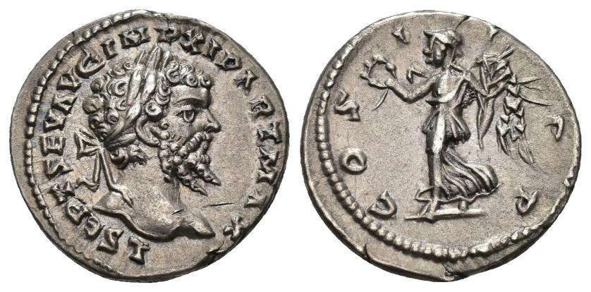 152   -  IMPERIO ROMANO. SEPTIMIO SEVERO. Denario. Laodicea (198-202). A/ Cabeza laureada a der.; L SEPT SEV AVG IMP XI PART MAX. R/ Victoria avanzando a izq. con corona y palma; COS II P P. AR 3,25 g. 18,9 mm. RIC-503a. EBC-/MBC+.