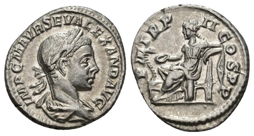 159   -  IMPERIO ROMANO. ALEJANDRO SEVERO. Denario. Roma (222). A/ Busto laureado y drapeado a der.; IMP C M AVR SEV ALEXAND AVG. R/ Salus sentada a izq. alimentando serpiente enroscada en altar; P M TR P COS P P. AR 2,73 g. 19 mm. RIC-14. Leve doble acuñación en anv. EBC/EBC-.