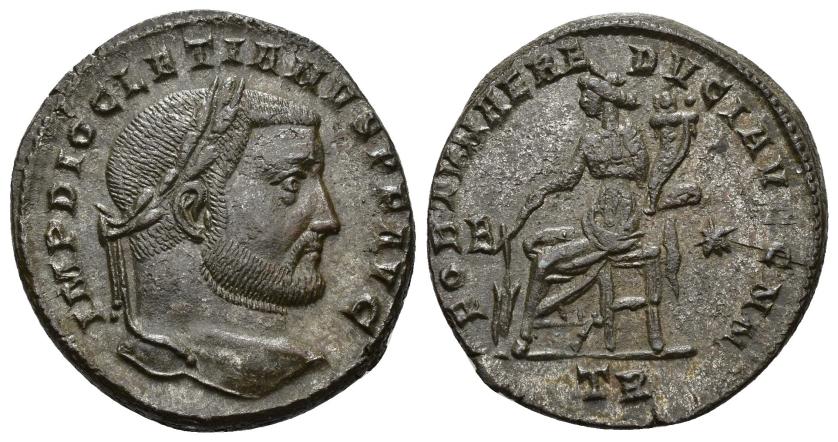 164   -  IMPERIO ROMANO. DIOCLECIANO. Follis. Treveris (298-299). A/ Cabeza laureada a der.; IMP DIOCLETIANVS P F AVG. R/ Fortuna sentada a izq. con timón y cornucopia; FORTVNAE REDVCI AVG NN. B/*//TR. AE 9,48 g. 25,7 mm. RIC-228. EBC-.