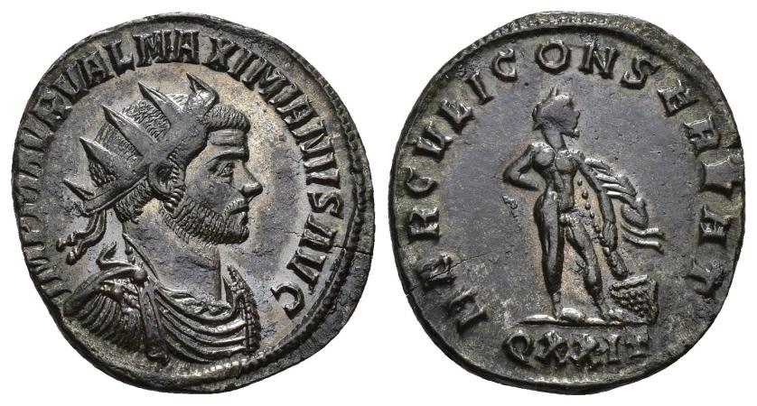 165   -  IMPERIO ROMANO. MAXIMIANO. Antoniniano. Ticinium (285-288). A/ Busto radiado, acorazado y drapeado a der.; IMP M AVR VAL MAXIMIANVS AVG. R/ Hércules a der. apoyado en clava sobre una roca; HERCVLI CONSERVAT. -/-//QXXIT. AE 3,18 g. 22,2 mm. RIC-547. EBC-. 