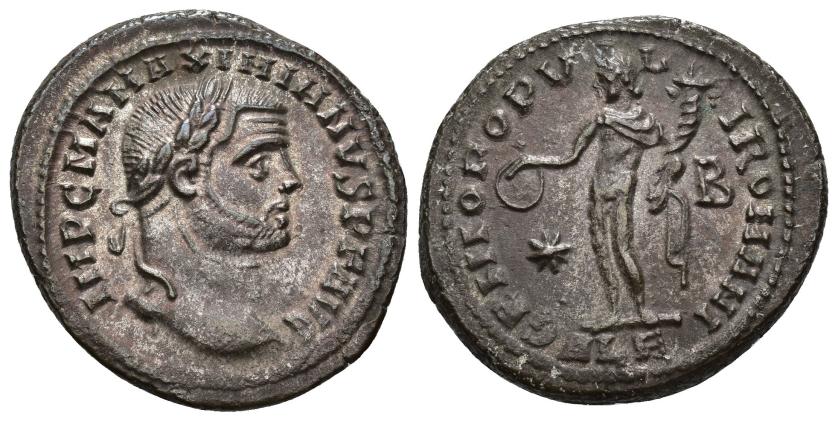 166   -  IMPERIO ROMANO. MAXIMIANO. Follis. Alejandría (295). A/ Cabeza laureada a der.; IMP C M A MAXIMIANVS P F AVG. R/ Genio a izq. con pátera y cornucopia; GENIO POPVLI ROMANI. */B//ALE. AE 9,60 g. 27,1 mm. RIC-16b. R.P.O. EBC-.